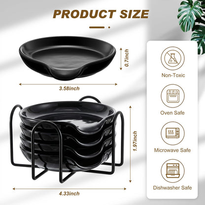Bokon 8 Pack Ceramic Spoon Rest with Holder, Kitchen Utensil Rest for Stove Top, Dipping Sauce Dishes, Heat Resistant and Dishwasher Safe (Black)