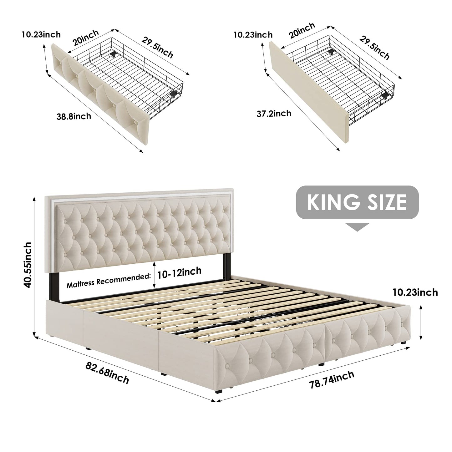Keyluv King Upholstered LED Bed Frame with 4 Drawers, Velvet Platform Storage Bed with Adjustable Button Tufted Headboard and Solid Wooden Slats Support, No Box Spring Needed, Beige