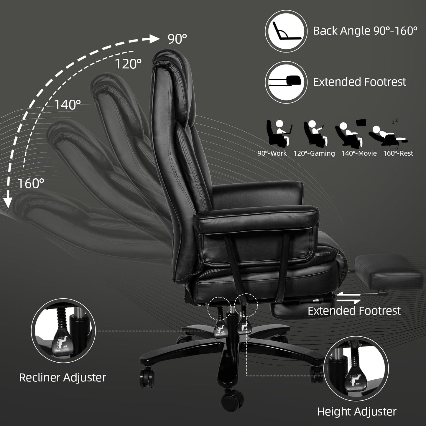 Sucrever Reclining Office Chair with Footrest, Big and Tall Home Office Desk Chairs 400lbs with High Back, Criss Cross Wide Seat, Heavy Duty Base, Pu Leather, Black