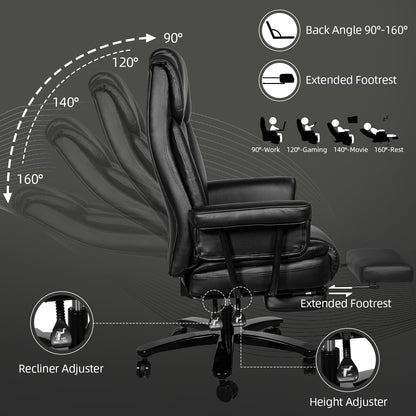 Sucrever Reclining Office Chair with Footrest, Big and Tall Home Office Desk Chairs 400lbs with High Back, Criss Cross Wide Seat, Heavy Duty Base, Pu Leather, Black