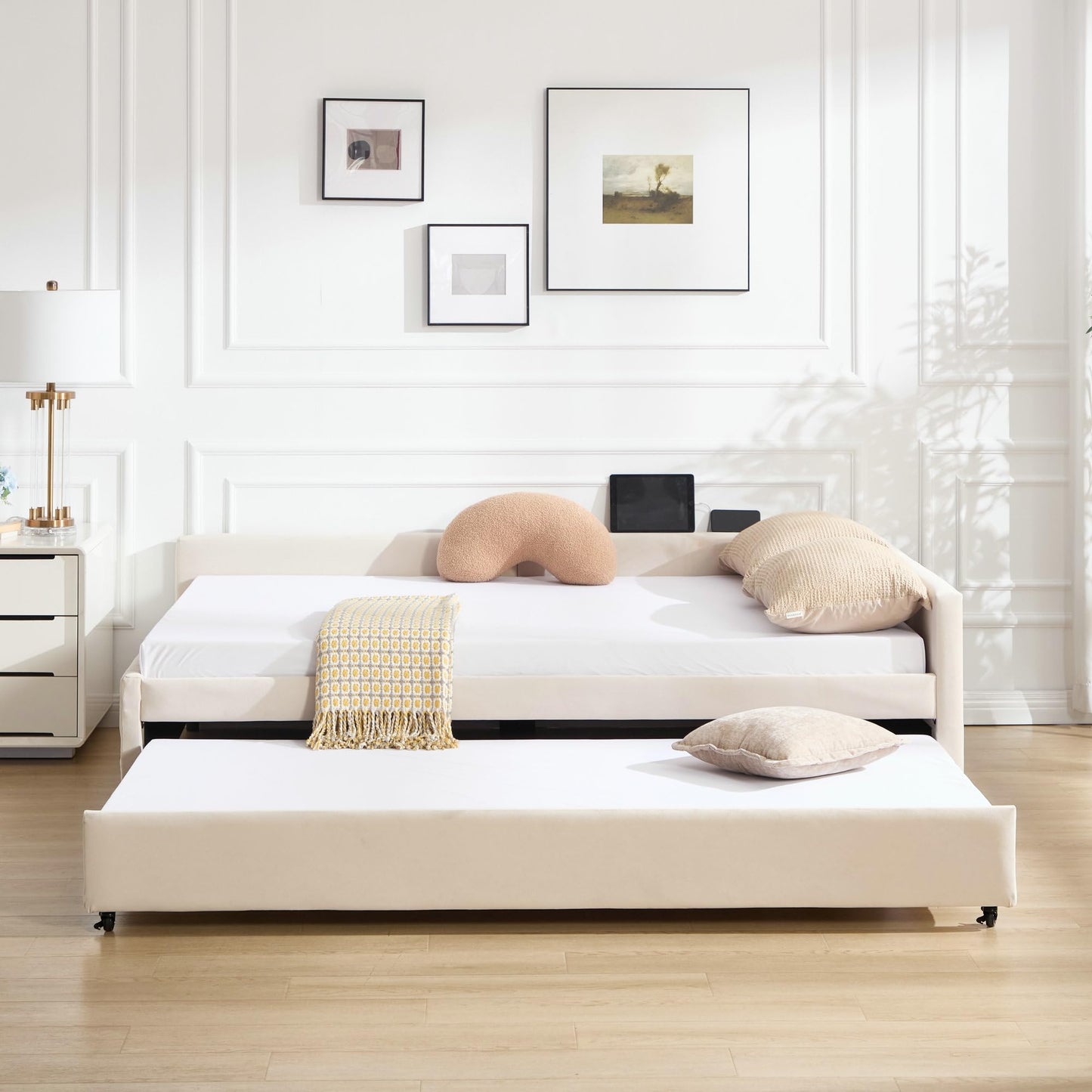 Ball & Cast Full Size Daybed with Trundle,Velvet Upholstered Day Bed Frame Full with USB Port and Solid Wood Slat Support,L Shaped Corner Trundle Bed,No Box Spring Needed,Beige
