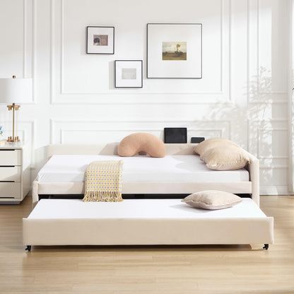 Ball & Cast Full Size Daybed with Trundle,Velvet Upholstered Day Bed Frame Full with USB Port and Solid Wood Slat Support,L Shaped Corner Trundle Bed,No Box Spring Needed,Beige