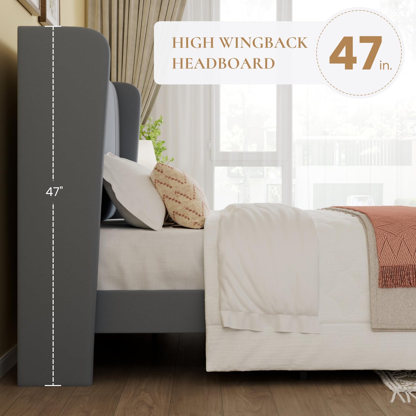 SHA CERLIN King Size Velvet Upholstered Platform Bed Frame with Vertical Channel Tufted Wingback Headboard, Wooden Slats Support, Easy Assembly, Under Bed Storage, No Box Spring Required, Grey