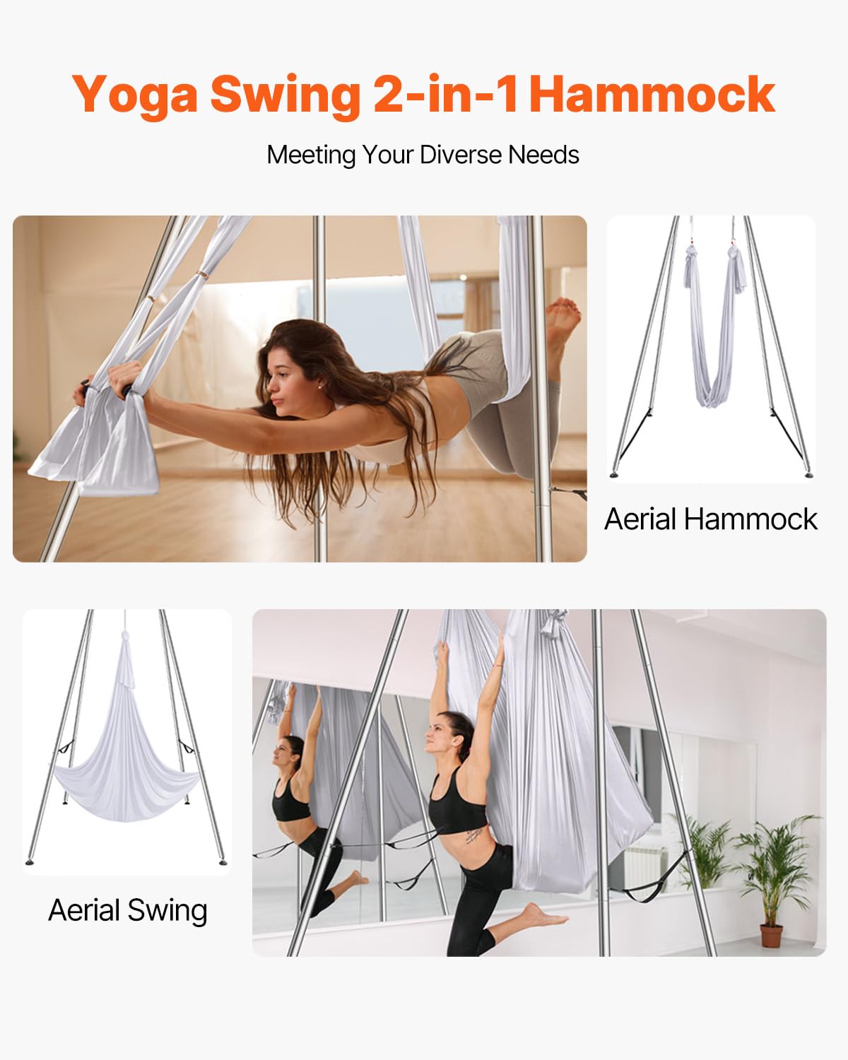 VEVOR Aerial Yoga Frame & Hammock Set, 9.67ft Yoga Swing Frame with 6.6-Yard Nylon Hammock, Heavy-Duty Premium Stand, 551.15 lbs Max Capacity Rig, for Indoor & Outdoor Aerial Fitness Training (White)
