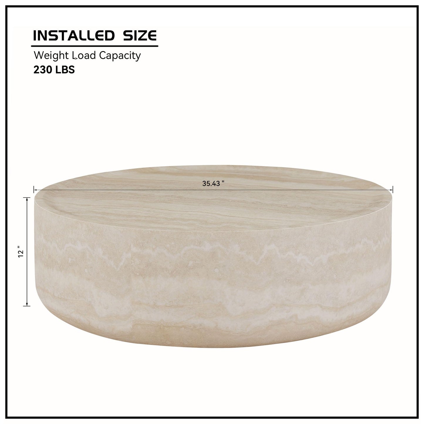 KEIKI 35" Round Fiberglass Coffee Table with Faux Mars Pattern, Modern Style Circle Coffee Table with Faux Travertine Textured, No Assembly Required, for Living Room, Bedroom, Reception Room, Marble