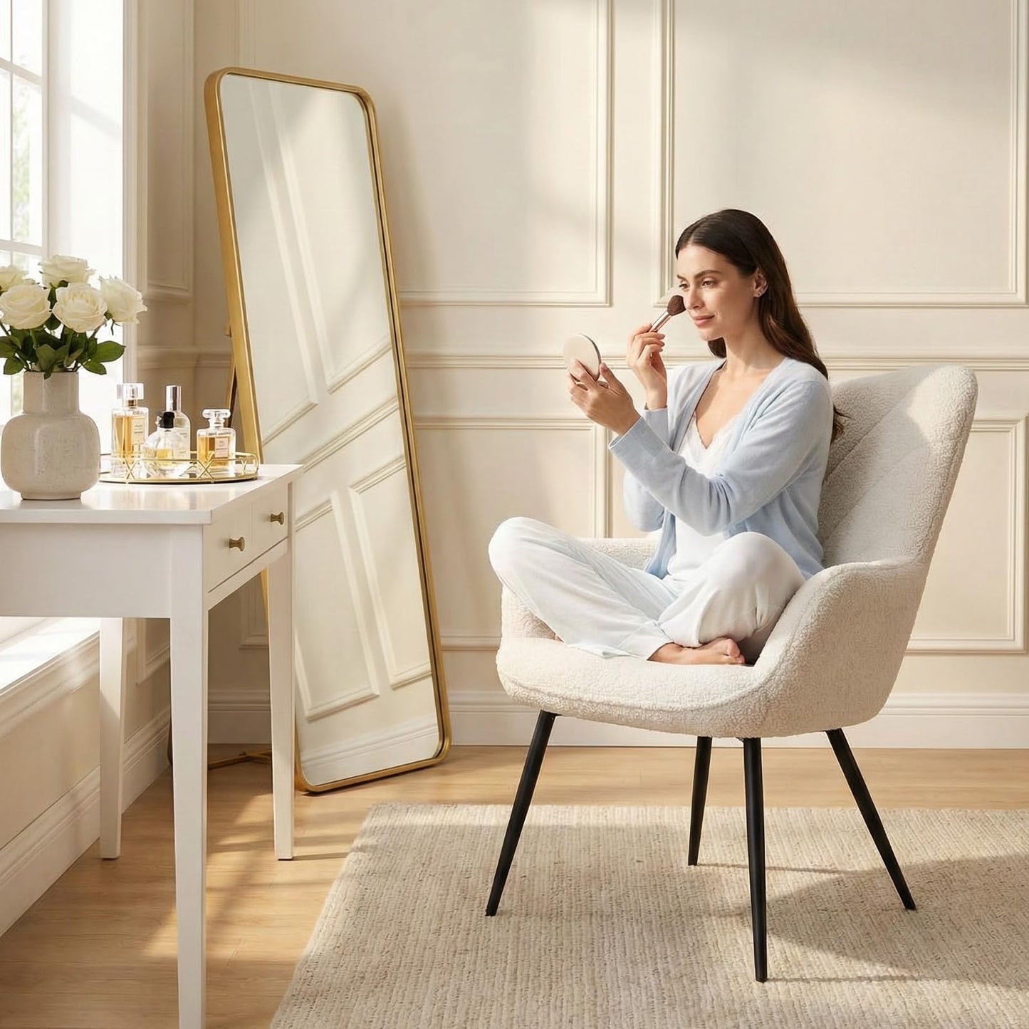 MALOL Mid-Century Sherpa Upholstered Accent Chair, Cozy Armchair with Curved Backrest, Sturdy Metal Legs, Soft Fabric Chair for Living Room, Bedroom & Reading Area,Beige