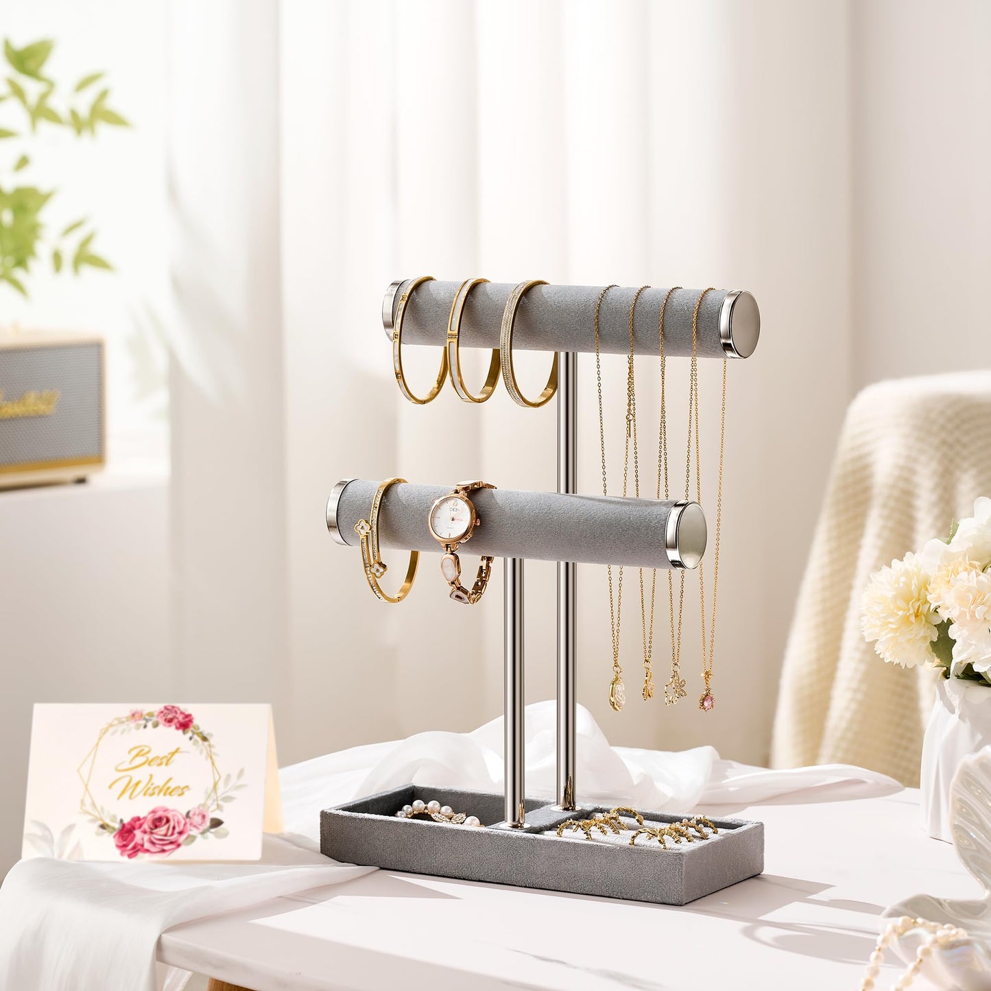bussdis 2 Tier Bracelet Holder Display - Detachable T Bar Grey Velvet Bracelet Holder, Jewelry Holder Organizer for Bracelet, Necklace, Earrings, Rings
