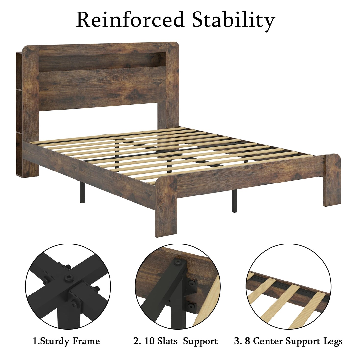 KEIKI Bed Frame King Size, Wood Platform Bed Frame with Storage LED Light Headboard and 2 USB, Noise Free, No Box Spring Needed and Easy Assembly Tool, Large Under Bed Storage, Dark Brown