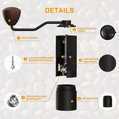 MAVO Manual Coffee Grinder, Wizard Hand Coffee Grinder, Capacity 25g with CNC Stainless Steel Pentagon Conical Burr, Adjustable Setting, Burr Coffee Bean Grinder for French Press, Pour Over Black
