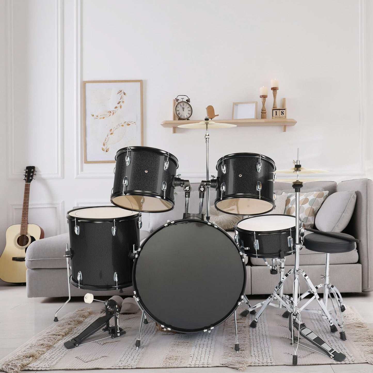 Ktaxon 22 Inch Adult Drum Set, 5-Piece Full-Size Drums Kit with Cymbal Stands, Hi-hat Stand, Sticks, Drum Pedal, Stool & Floor Tom for Beginner Teens Student (Black)