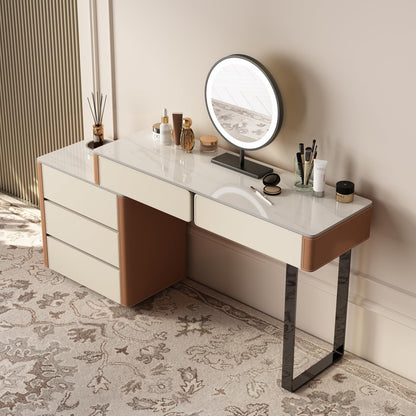 Lartis Faux Leather Makeup Vanity Desk Set with LED Lighted Mirror Luxury Dressing Makeup Table with Storage Drawers & Vanity Stool, Vanities (Brown/Gray)