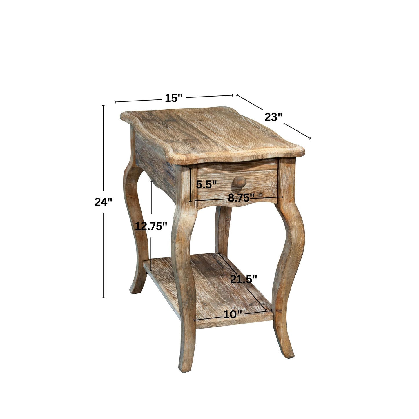 Alaterre Furniture Austerity Living Room Tables – 15 Inch Narrow Chairside Table with Drawer, Shelf, Scalloped Edges, & Curved Legs – Rustic Accent Side Table in Driftwood Finish