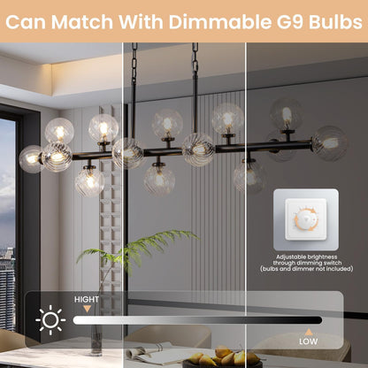 DFJL 50" Modern Linear Chandelier,Mid Century Black Finish and Transparent Pleats Glass Bubble Sputnik Pendant Light Fixtures, for Dining Room Kitchen Island Rectangle Over Table 16-Lights