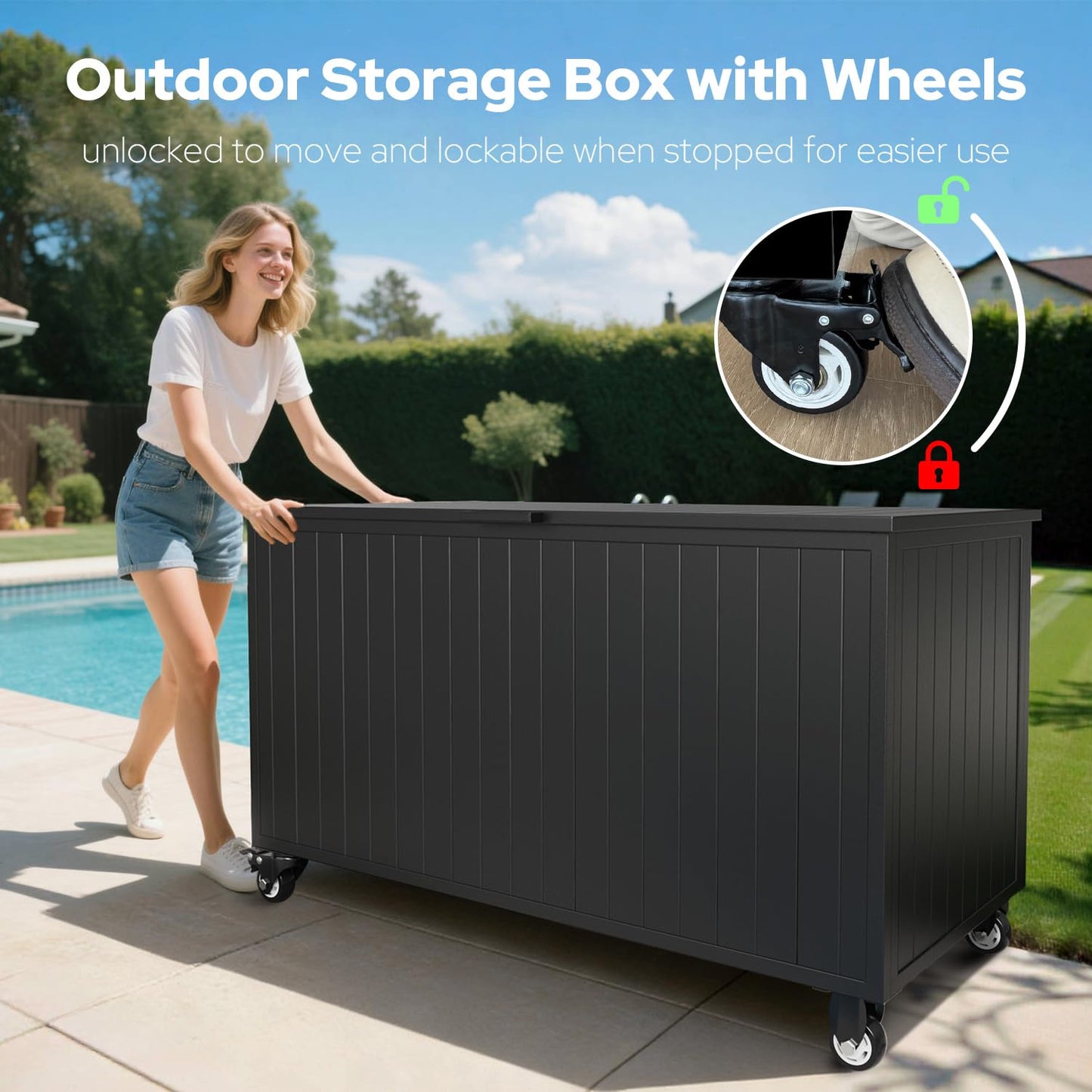 RICNOD Outdoor Storage Box with Wheels 150 Gallon, Mobile Aluminum Deck Boxes Outdoor Waterproof, UV Resistant Patio Storage Box with Lid for Patio Furniture, Garden Tools, Outdoor Cushion(Blank)