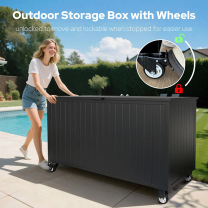 RICNOD Outdoor Storage Box with Wheels 150 Gallon, Mobile Aluminum Deck Boxes Outdoor Waterproof, UV Resistant Patio Storage Box with Lid for Patio Furniture, Garden Tools, Outdoor Cushion(Blank)