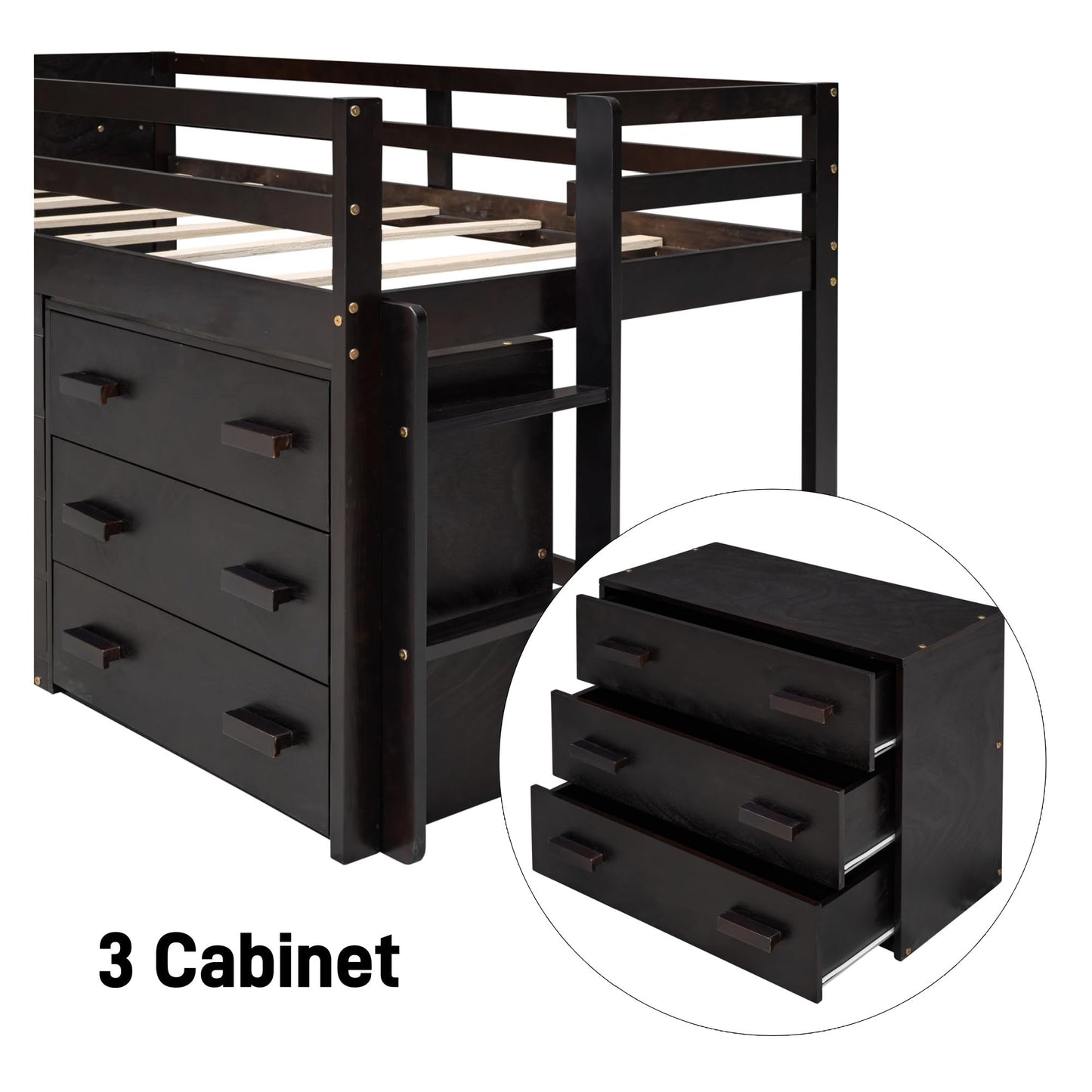 Merax Twin Size Loft Bed, Wood Bedframe for Kids Teens Adults Bedroom with Cabinet, Shelf, Stairs, Espresso