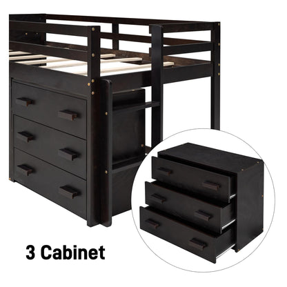 Merax Twin Size Loft Bed, Wood Bedframe for Kids Teens Adults Bedroom with Cabinet, Shelf, Stairs, Espresso