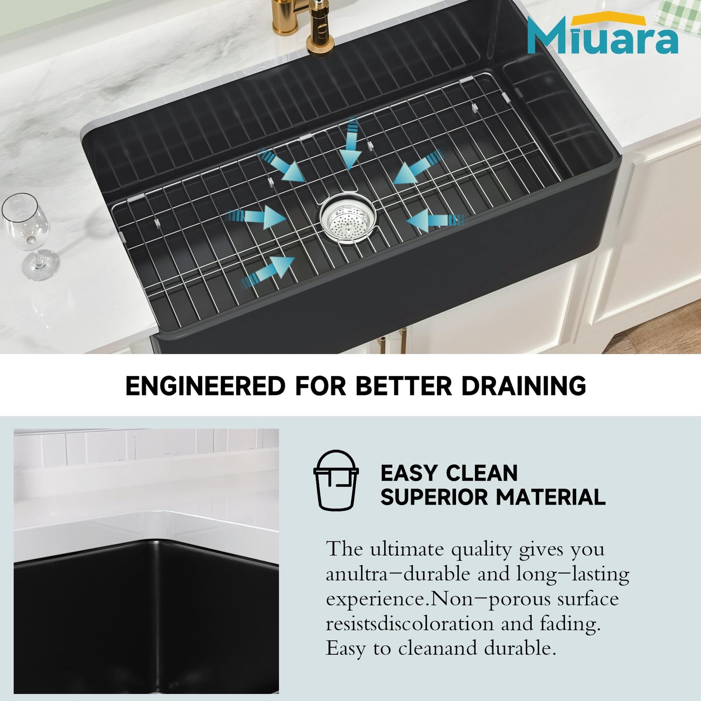 Miuara Black Farmhouse Sink 33 Inch - Large Apron Front Kitchen Sink Single Bowl 33"x18", Undermount Farm House Style, Heavy Duty Solid Fireclay, Matte Black, for Kitchen