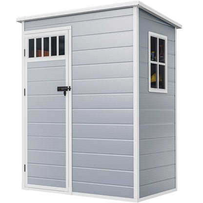 DWVO 5x3FT Outdoor Storage Shed with Fence-Style and Side Windows, Floor & Lockable Doors, Plastic Storage Shed for Backyard and Garden, Gray