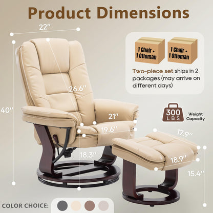 Argus Swivel Recliner with Ottoman, PU Leather & Wood Base Reclining Chair with Footrest, Ultra-Plush Double Foam for Living Room, Bedroom and Office, Set of 2