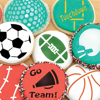 Designer Stencils Large Sports Ball Cookie Stencils, Basketball - Golf - Soccer - Baseball, Beige/semi-transparent