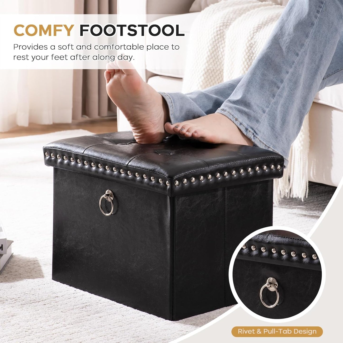 16x12x12 oakvivo Small Storage Ottoman Foot Rest Stool, in Foldable Leather Footstool Storage Bench with Rivet Design