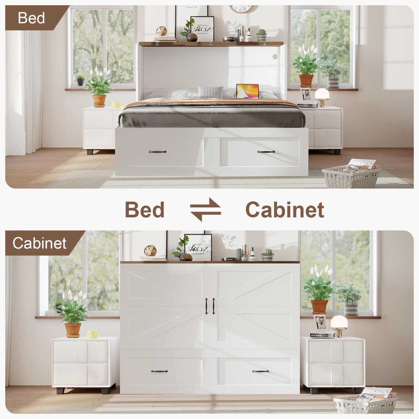 KCGKCG Murphy Bed with Storage & Charging Station, Queen Murphy Cabinet Bed with Large Storage Drawer for Guest Bedroom, Living Room, Office or Small Room, Full Foldable Platform Bed (White, Queen)