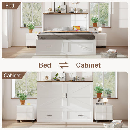 KCGKCG Murphy Bed with Storage & Charging Station, Queen Murphy Cabinet Bed with Large Storage Drawer for Guest Bedroom, Living Room, Office or Small Room, Full Foldable Platform Bed (White, Queen)