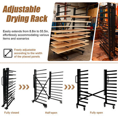 Heavy-Duty Metal Rolling Paint Rack, Expandable Woodworking Drying Rack, Staining & Curing Trim & Wood Panels for Cabinet Doors, Reinforced Steel Frame with 7.5" Casters, Paint Studios/Factory (Black)