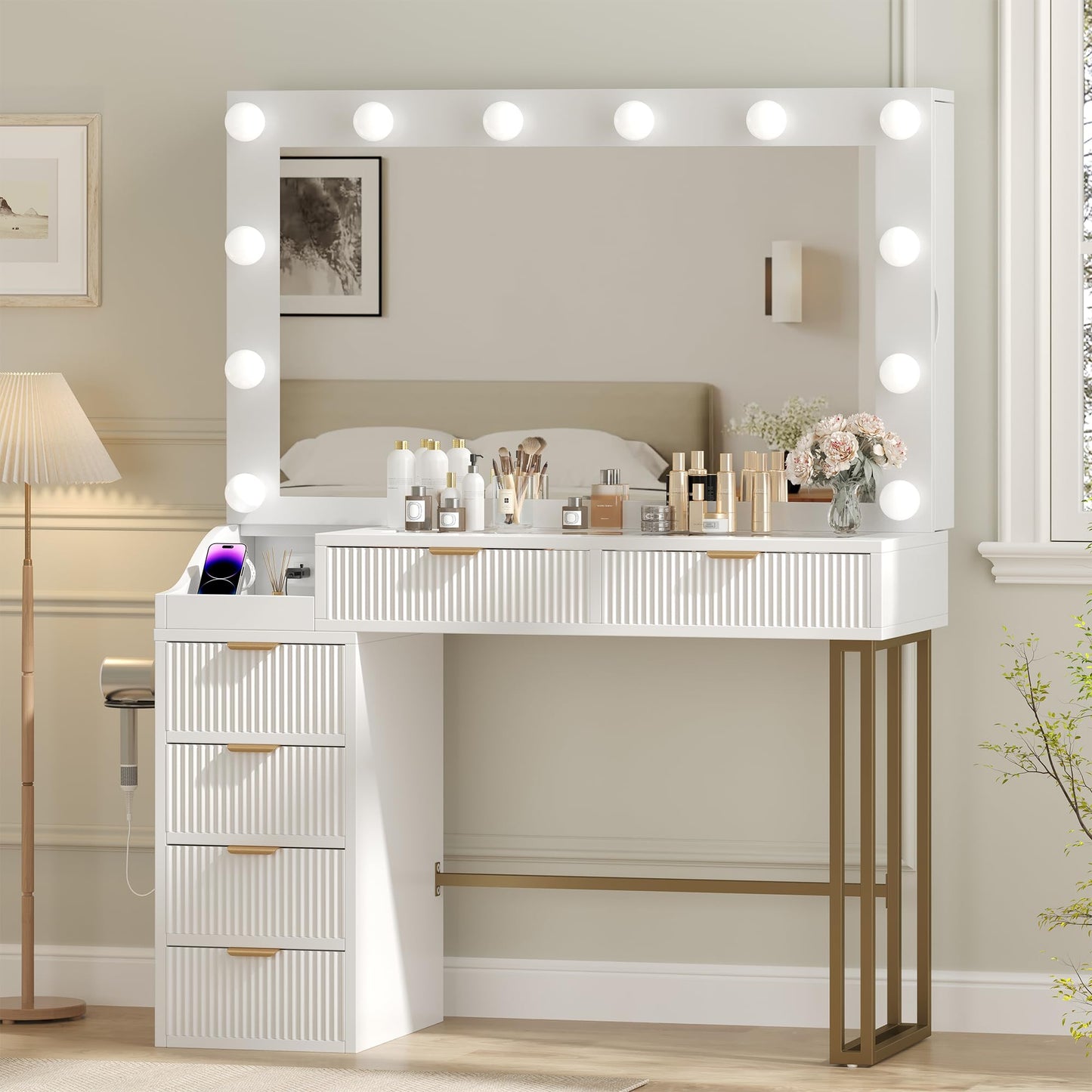 Feonase Vanity Desk, White 43'' Large Makeup Vanity Desk with Mirror and 12 Lights, 3 Color Modes, Glass Top Makeup Table with 6 Drawers and 2 Side Cabinets, Built in Charging Station