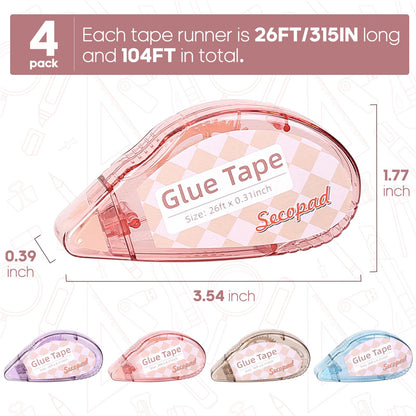 Secopad Scrapbook Tape, 4 Pack Double Sided Tape Roller for Crafts, Adhesive Glue Runner Scrapbooking Supplies Journaling School Office Teacher Supplies, 0.3IN x 26FT, Clear Light-Colored Shell