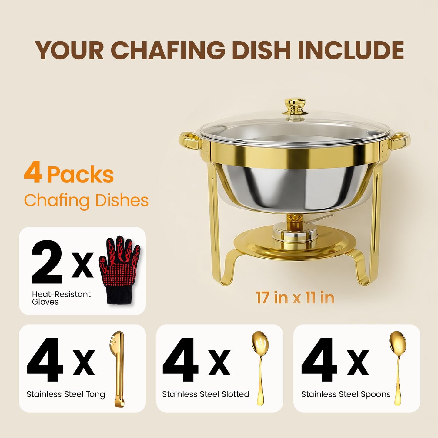 Gold Chafing Dishes for Buffet Set of 4 Pack, 6QT Round Buffet Servers and Warmers Set with 4 Spoons, 4 Slotted Spoons, 4 Tongs, 2 Gloves, Chafers and Buffet Warmers Sets for Wedding, Birthday,Party