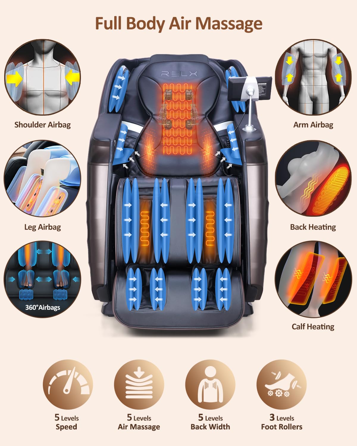 RELX Massage Chair Full Body, 20 Modes Zero Gravity SL-Track Shiatsu Massage Chair Built-in Heat System, Airbag Massage with Body Scan, Deep Yoga Stretch, Calfrest Extension and AI Control(Brown)