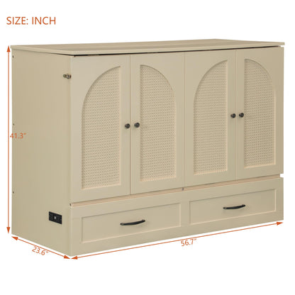 Merax Full Size Murphy Bed with Charging Station and Large Storage Drawer, Foldable Pull Out Murphy Chest Bed for Apartments, Bedrooms, Studio, No Spring Box Needed, Gold