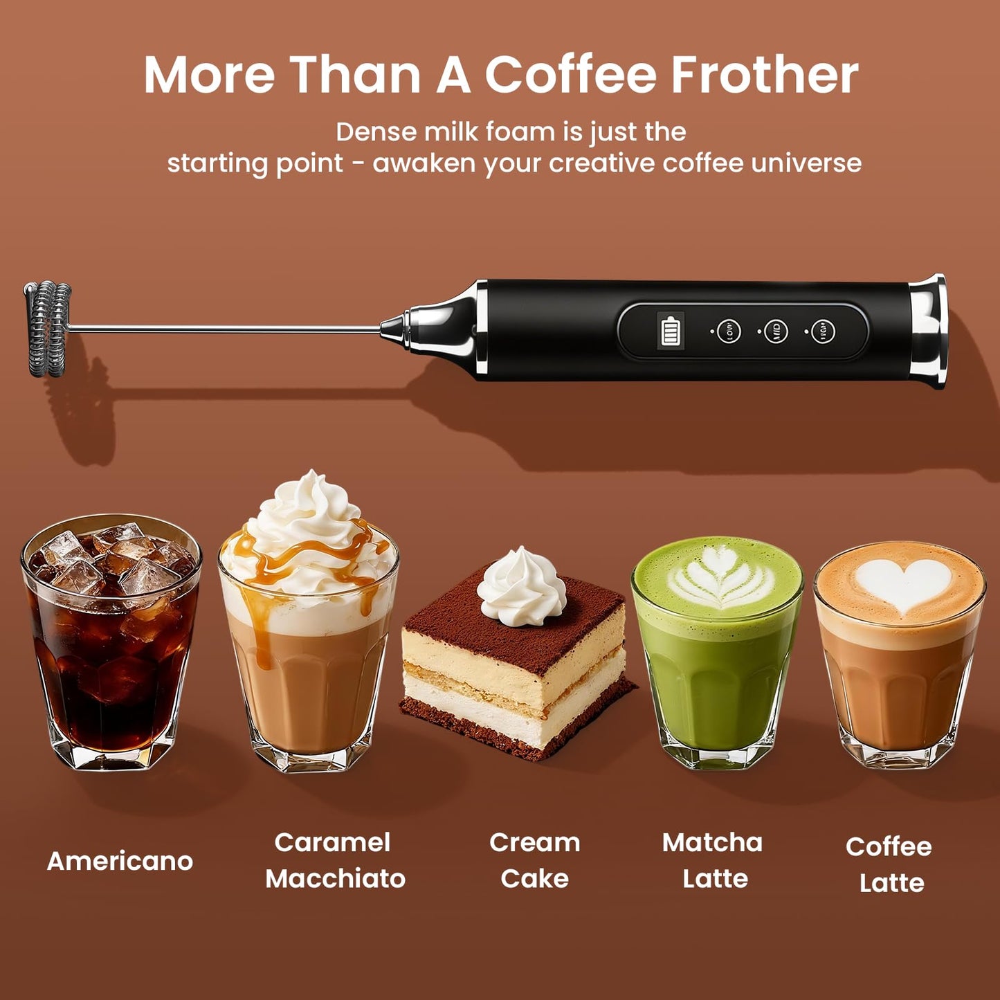 YUSWKO Milk Frother Wand for Coffee, Handheld Coffee Frother, Rechargeable Drink Mixer, Waterproof Electric Whisk, Black