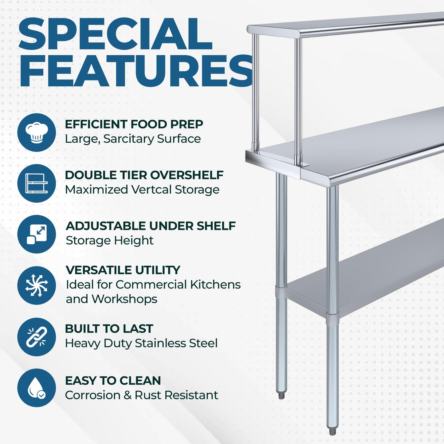 Express KitchQuip Stainless Steel Work Table with Wide Single Tier Overshelf | Metal Kitchen Prep Table & Shelving Combo (24" x 60" Work Table + 12" Overshelf)