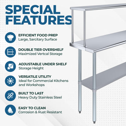 Express KitchQuip Stainless Steel Work Table with Wide Single Tier Overshelf | Metal Kitchen Prep Table & Shelving Combo (24" x 60" Work Table + 12" Overshelf)
