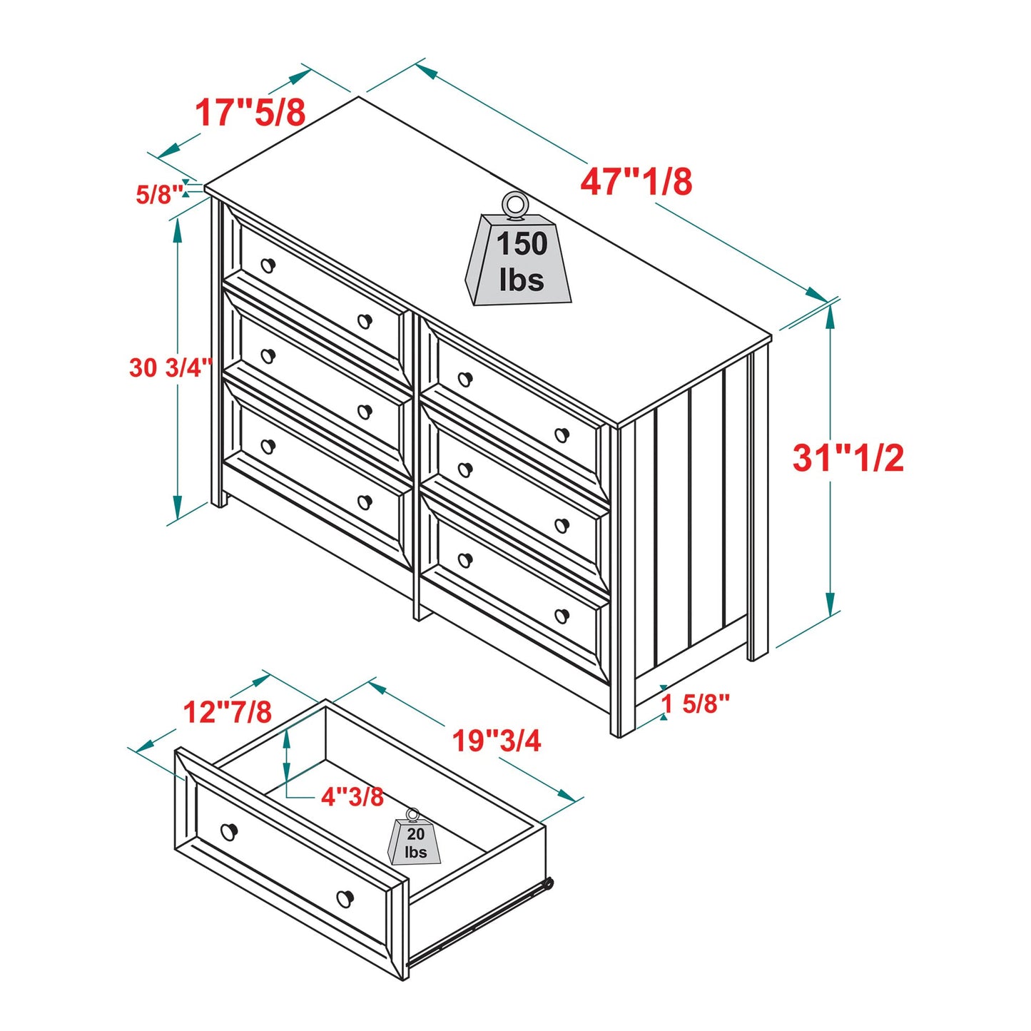 Walker Edison Tahnee 6-Drawer Solid Wood Dresser, 47 Inch, White