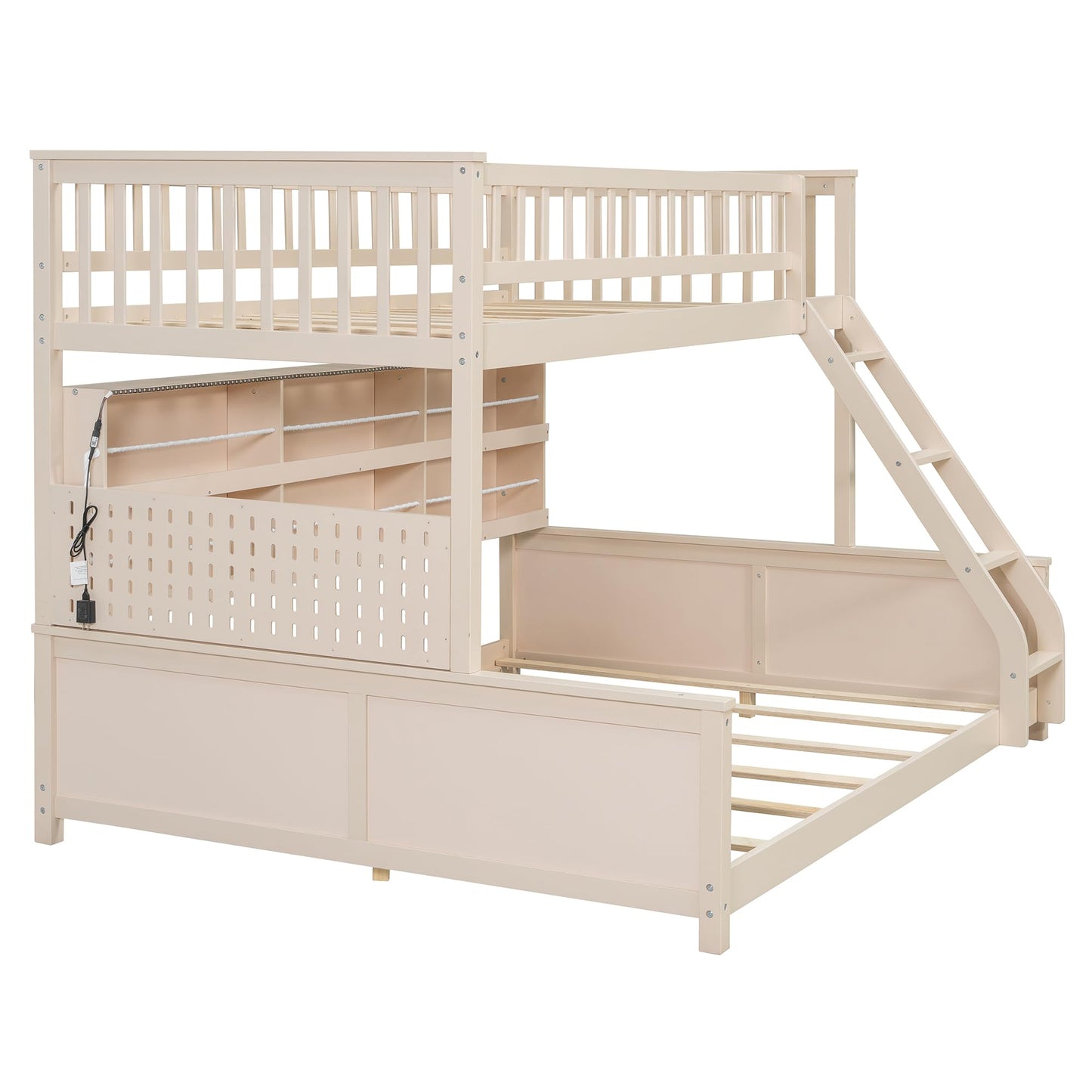 Merax Twin XL Over Queen Wood Bunk Bed Frame with Integrated Side Storage Shelves and Anti Falling Rope, Color-Changing Lights, Pegboard, Safe Guardrail and Ladder, for Teens, Adults, Guests (Beige)