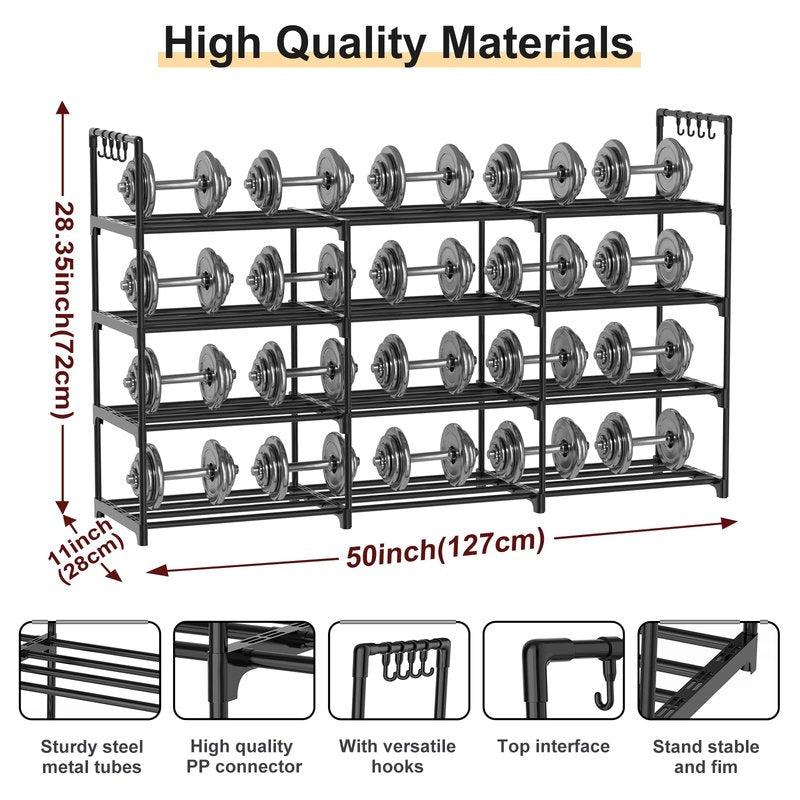 DYJIEKAI 3 Row 4 Tier Long Shoe Rack, Black Metal Stackable Shoe Shelf with Multifunctional Hooks, Shoe Storage Hold 24-30 Pairs, Space Saving Shoe Organizer for Closet,Wide Shoe Rack