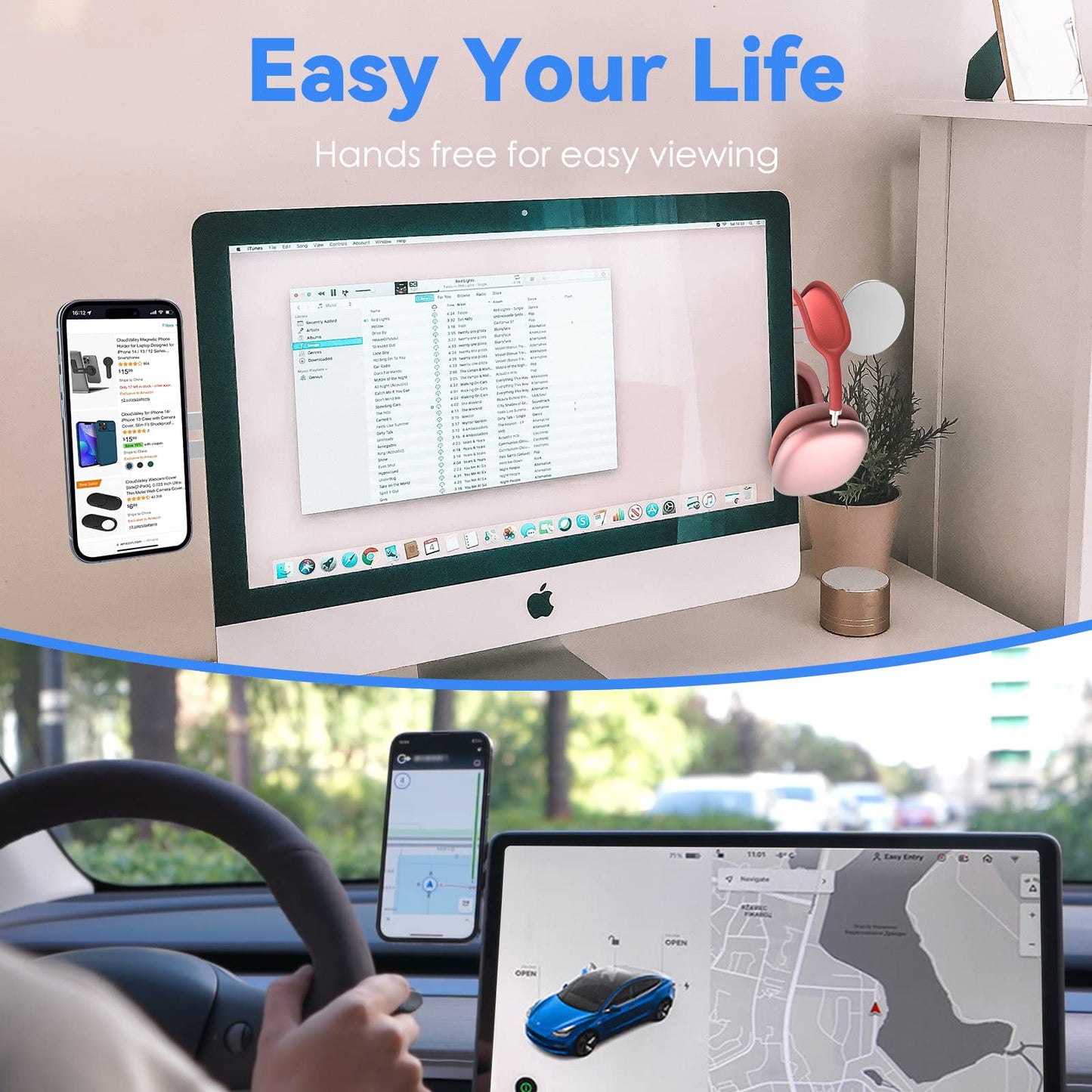 CloudValley Magnetic Laptop Phone Holder, Adjustable Continuity Camera Mount Compatible with MagSafe & for iOS 16 / macOS 13 Ventura, Slim Portable Computer Expansion Bracket for Smartphone, Black