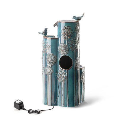 Glitzhome 31.75" H Outdoor Water Fountain with LED Lights and Pump, 4 Tier Dandelion Texture Vase Shaped Ceramic Floor Standing Fountain with Birds for Porch Deck Garden Patio Backyard, Turquoise