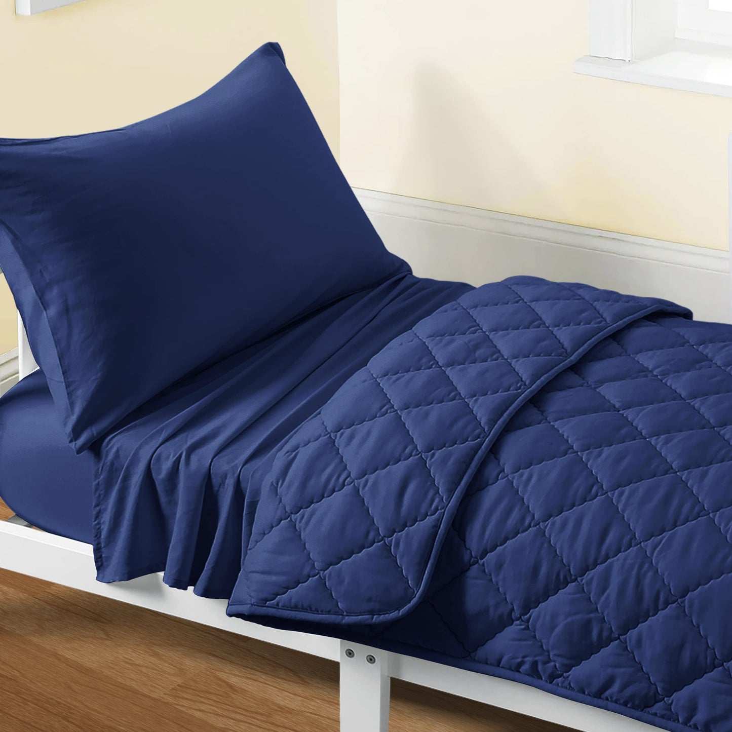 FLXXIE 4 Pieces Toddler Bedding Set, Soft and Breathable Microfiber Crib Sheet Set, Includes Quilted Comforter, Flat Top Sheet, Fitted Sheet, Envelope Pillow Case for Boys and Girls, Navy Blue