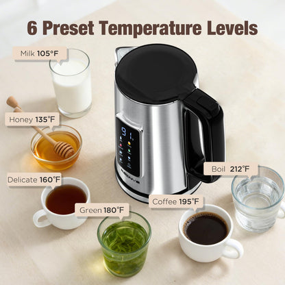 KEINVE 1.7L Electric Kettle, Touch Screen Water Boiler, Auto Shut Off, Double Wall, 6 Preset Temperatures, Fast Boil, and STRIX Control