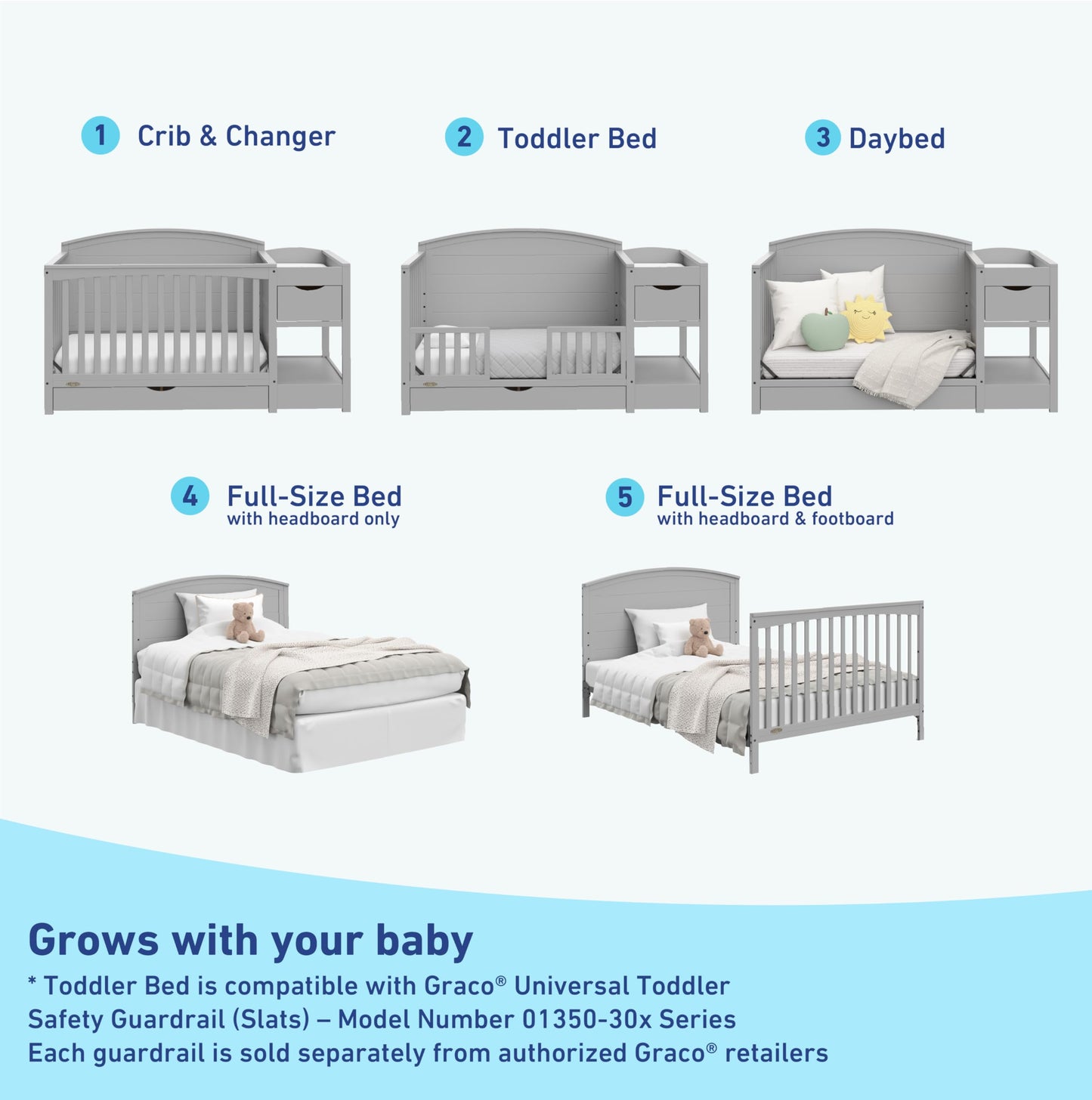 Graco Bellwood 5-in-1 Convertible Crib & Changer with Drawer - GREENGUARD Gold Certified, Full-Size Storage Drawer, Converts to Toddler Bed (Pebble Gray)