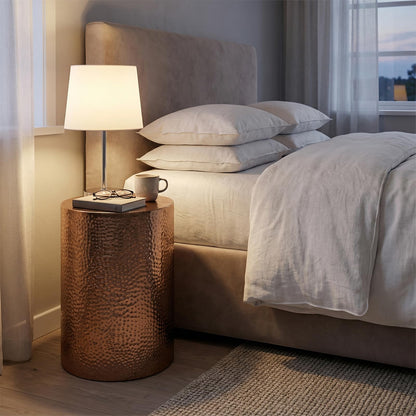 MyGift Set of 2 Modern Hammered Metal Bronze Round End Tables, Home Accent Side Tables for Living Room or Bedroom