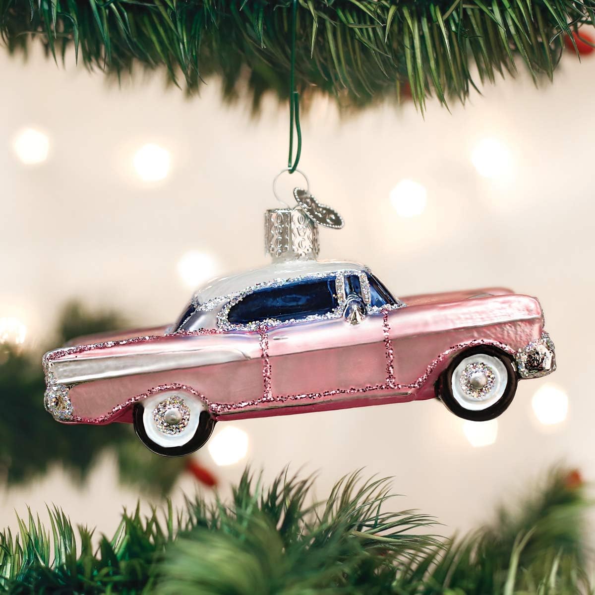 Old World Christmas Glass Blown Ornament - Classic Car (46023), Pink