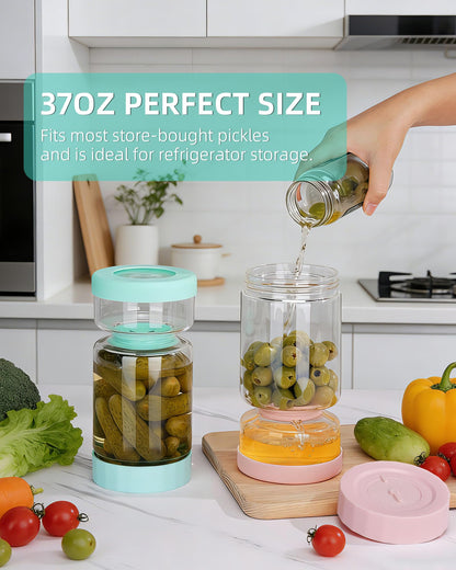 ZENS Pickle Jar with Strainer Flip, 37 oz Hourglass Pickle Juice Separator Container, Airtight Leakproof Lid, Dual Wet-Dry Design, Time Tracker Lid – 2 Pack Olive & Kimchi Jars
