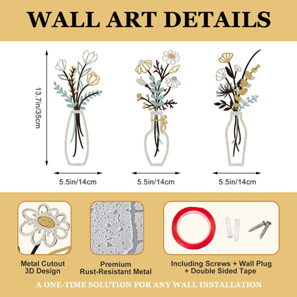Aikgidtt 3 Pieces Metal Flowers Wall Art Set | Rustic Indoor & Outdoor Wall Decor with Mounting Kit Waterproof Finish for Bathroom Bedroom Living Room | House-Warming Gifts (Beige Gold)