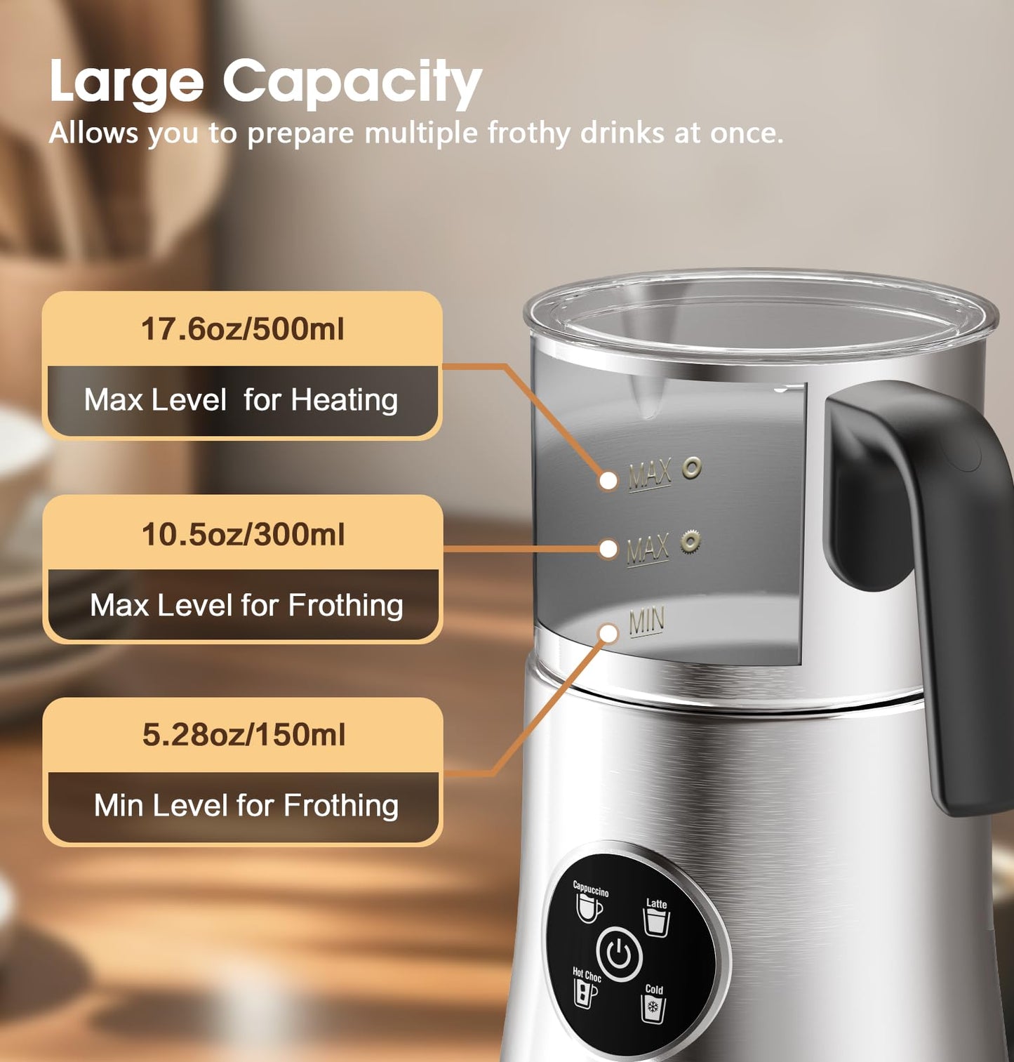 Milk Frother and Steamer, Electric Frother with Detachable Stainless Steel Jug, Hot & Cold Foam Maker for Latte, Cappuccino, Coffee, 4-in-1 Automatic Milk Warmer, 17oz Heat
